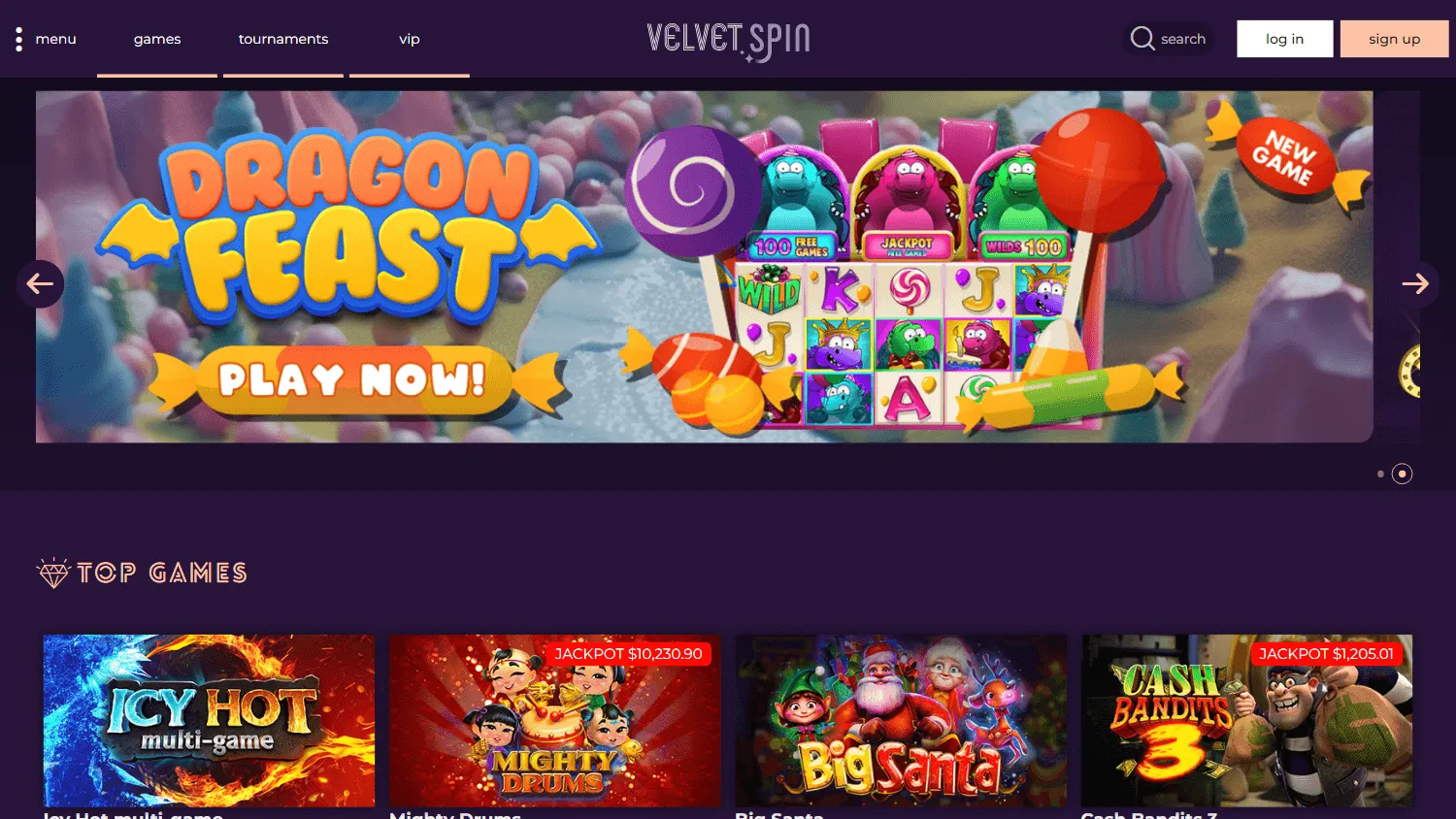 Velvet Spin Casino desktop home screen with the welcome offer and casino access