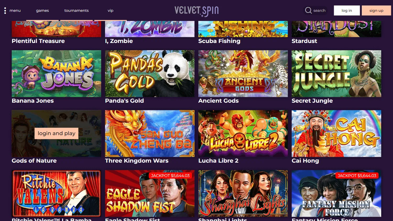 Velvet Spin Casino desktop game selection with pokies and live casino options