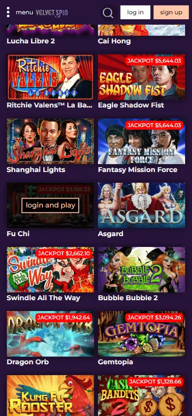 Velvet Spin Casino mobile browser game selection on a phone