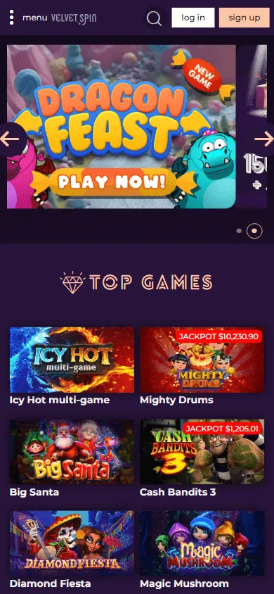 Velvet Spin Casino mobile browser home screen on a phone